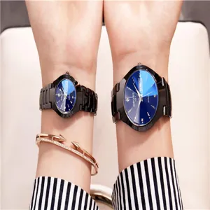 Ensemble montre quartz couple bracelet acier noir cadran bleu mode elegante chic