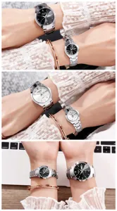Montres à quartz élégantes pour couple avec bracelet en acier inoxydable argenté.