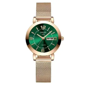 Women quartz watch with green sunburst dial rose gold mesh strap elegant fashion timepiece.