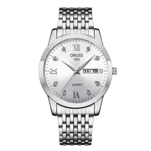 Men's silver quartz watch with stainless steel strap, elegant business casual wristwatch.
