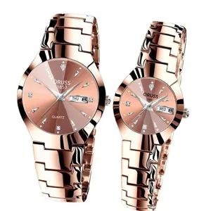 Ensemble montre quartz couple or rose bracelet acier inoxydable style decontracte etanche