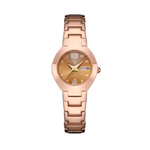 Elegant rose gold quartz women's watch with metal strap, calendar display and crystal dial.