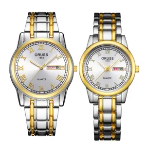 Paar Quarzuhr Set mit zweifarbigem Silber Gold Metallarmband, klassischem Zifferblatt.