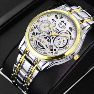 Men business casual stainless steel watch with white hollow dial and golden bezel.