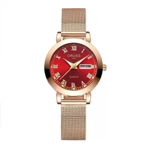 Detailed view of the luxury women quartz watch with red dial and rose gold mesh strap.