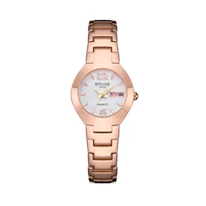 Rose gold quartz watch dial detail showing diamond markers, clear hands, and calendar window.