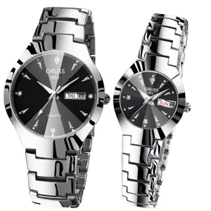 Montre quartz couple luxe bracelet acier inoxydable cadran noir strass calendrier