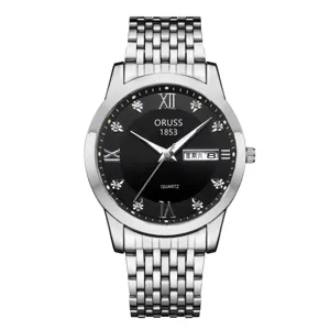 Men's quartz watch with metal strap, classic round dial, rhinestone and Roman numeral markers.