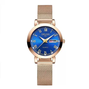 ORUSS women quartz watch with blue dial Roman numerals rose gold mesh strap date detail