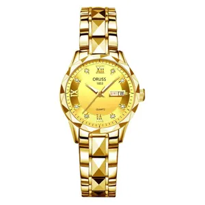 Elegant gold-tone quartz women wrist watch featuring faceted bezel and calendar display
