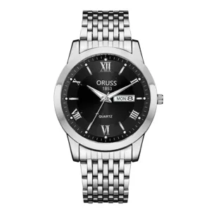 Montre quartz homme bracelet métal argenté cadran noir chiffres romains style élégant