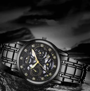 Men black skeleton quartz watch with stylish stainless steel strap and calendar display.