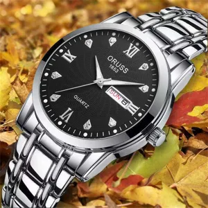 ORUSS Men Business Quartz Watch Luminous Waterproof Calendar Day Date Rhinestone Roman Numerals Alloy Luxury Fashion Wristwatch