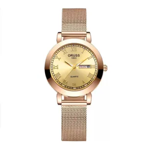 Elegante orologio donna al quarzo cinturino maglia oro rosa numeri romani e data.