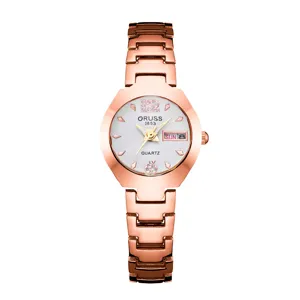 Women rose gold quartz watch with metal link strap and elegant rhinestone dial design.
