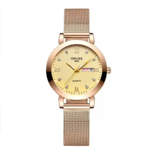 Reloj de cuarzo en oro rosa con correa de malla, elegante reloj de pulsera con fecha.