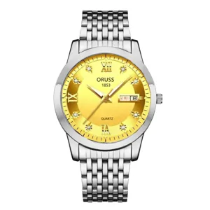 Men's quartz watch with stainless steel mesh strap, gold dial, and calendar display.