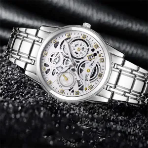 Close-up detail view of luxury men silver skeleton watch dial and polished metal strap texture.