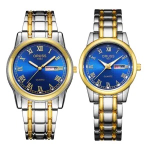 Elegantes Paar Quarzuhren Set mit blauem Zifferblatt, römischen Ziffern und Metallarmband.