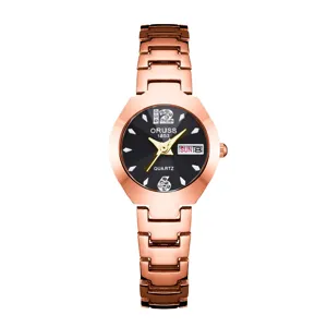 Detail shot of the rose gold women quartz watch with black dial, rhinestone markers and date.