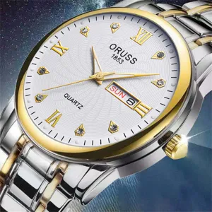 Men's quartz watch detail closeup showing luxury rhinestone dial markers and two tone bracelet.
