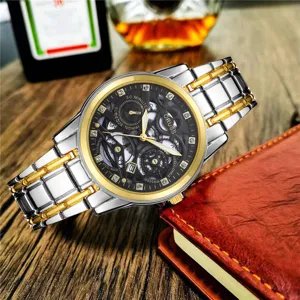 Men business casual quartz wristwatch with dual-tone metal strap and stylish black dial.