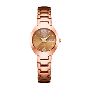Stylish women rose gold quartz watch featuring durable steel strap and clear date display.