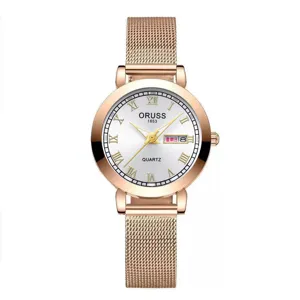 Orologio al Quarzo da Donna Moda Europea Quadrante con Numeri Romani e Grandi Numeri Luminoso Impermeabile Orologio con Cinturino in Maglia di Lega Milanese Visualizzazione del Calendario della Data del Giorno