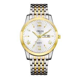 Montre quartz pour homme bicolore avec cadran blanc chiffres romains et bracelet en métal.