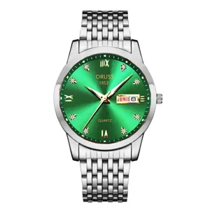 Men's quartz watch with green sunburst dial, rhinestones, and durable stainless steel strap.
