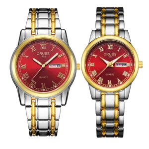 ORUSS Paare Quarz Uhren Set, rotes Zifferblatt, zweifarbiges Edelstahlarmband, Kalender.