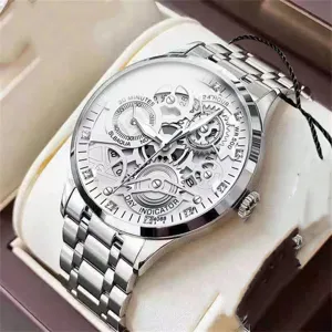 Detailed view of a silver men's mechanical watch with a white skeleton dial and steel strap.