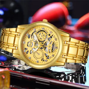 Gold men's wristwatch with skeleton dial stainless steel luxury business casual watch