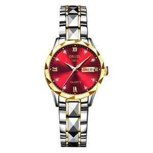 Women quartz watch with red dial, stainless steel gold silver strap and double calendar display.