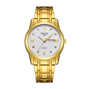 Men's gold quartz watch detail view, elegant textured white dial with calendar display.