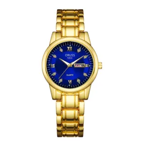 Orologio da donna al quarzo in acciaio inossidabile dorato con quadrante blu e data.