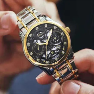 Men business casual watch stainless steel two tone skeleton dial calendar waterproof