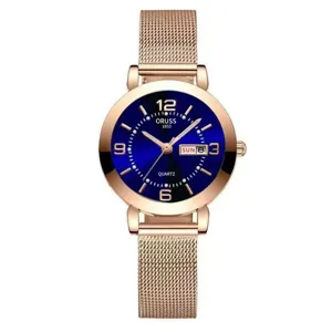 Elegant women rose gold quartz watch with blue sunburst dial mesh strap detail product display