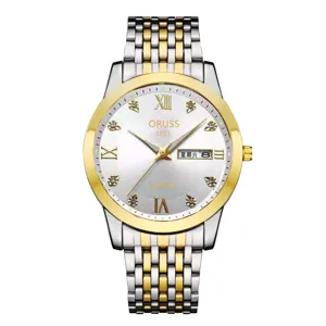 Detailed view of the two-tone stainless steel quartz watch with white dial and calendar.