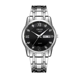 Elegante Herren Quarzarmbanduhr mit Edelstahlarmband, schwarzem Zifferblatt und Kalender.