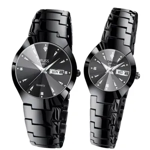 Montre de Poignet à Quartz Mode Business Décontracté pour Couple Lumineux Calendrier Affichage de la Semaine Boîtier en Alliage Acier Inoxydable Étanche Strass Chiffres Romains Cadran Rond Ensemble de Montres Assorties