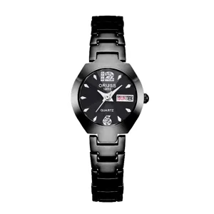Women quartz watch black stainless steel metal strap elegant wrist watch with calendar display.