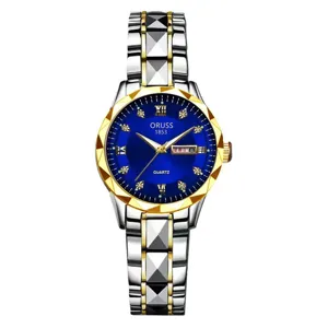 Fashion women quartz watch with blue dial and steel strap, luxury casual wristwatch.