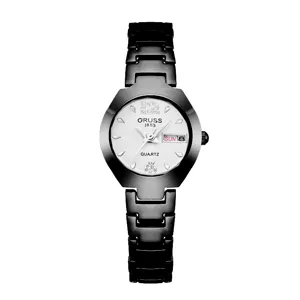 Details of the fashion tungsten steel quartz women watch with steel strap and calendar display.
