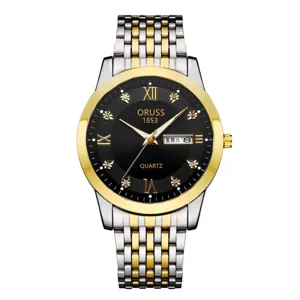 Men's two-tone quartz watch with black dial, Roman numerals, and calendar display for daily wear.