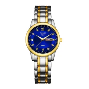 Vista dettagliata dell'orologio da donna al quarzo con quadrante blu e bracciale bicolore.