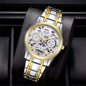 Men's luxury skeleton quartz watch with two-tone steel bracelet and chronograph dial.