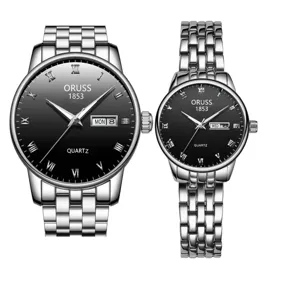 Ensemble de montres quartz pour couple avec bracelet en acier inoxydable et affichage de la date.