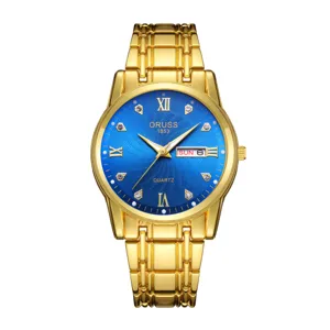 Men's luxury gold quartz watch with blue textured dial, calendar display and metal strap.