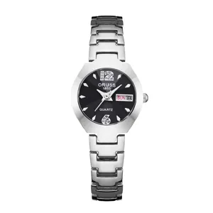 Stainless steel quartz women watch with black dial and sparkling rhinestones daily wear.